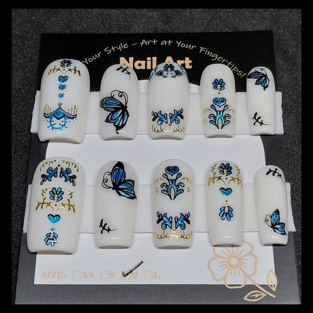 4/$40 ***Summer Sale***Blue and Gold Butterfly Hard Gel Press On Nail Art Set